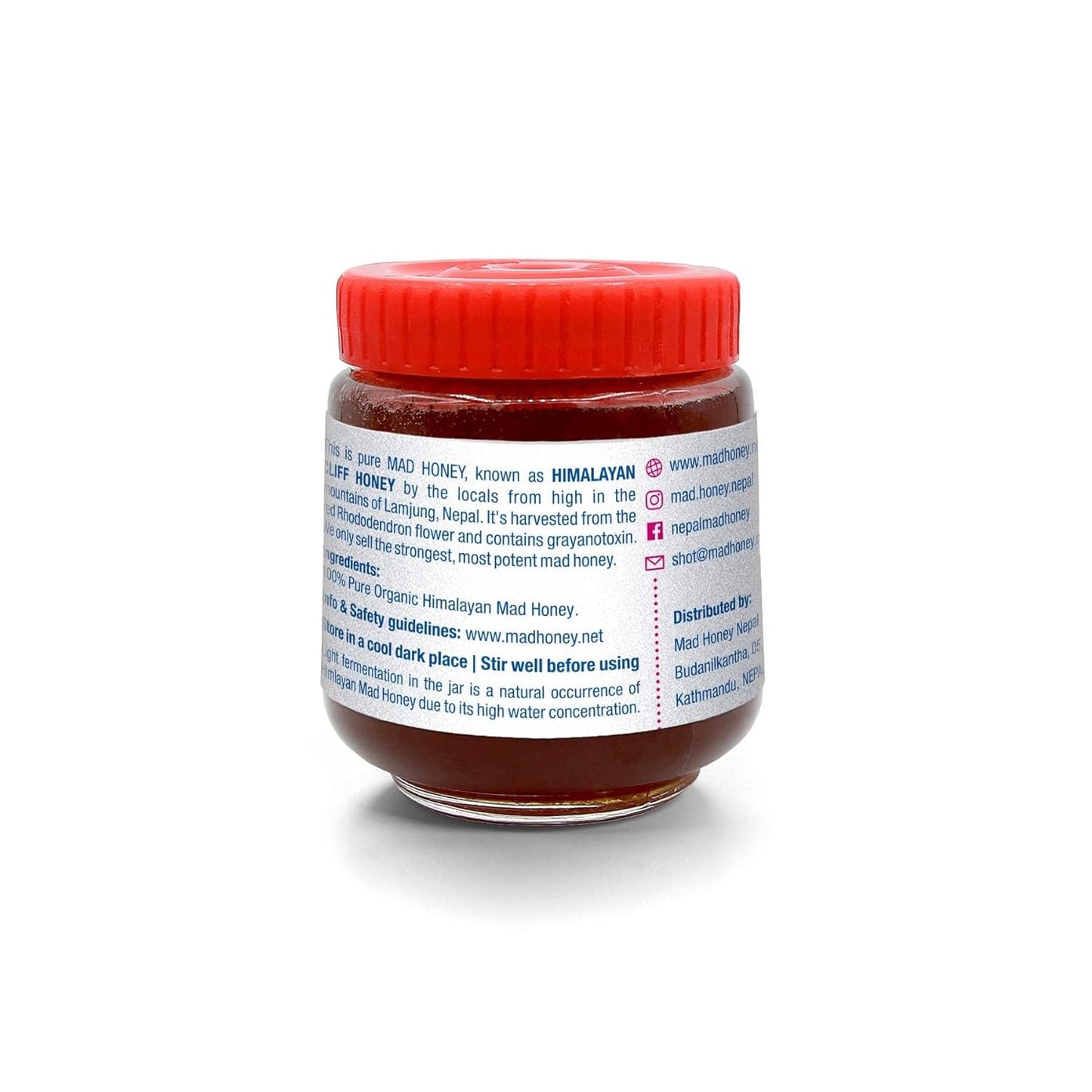 Back image of Jar with Red Cap filled with Mad Honey from Nepal