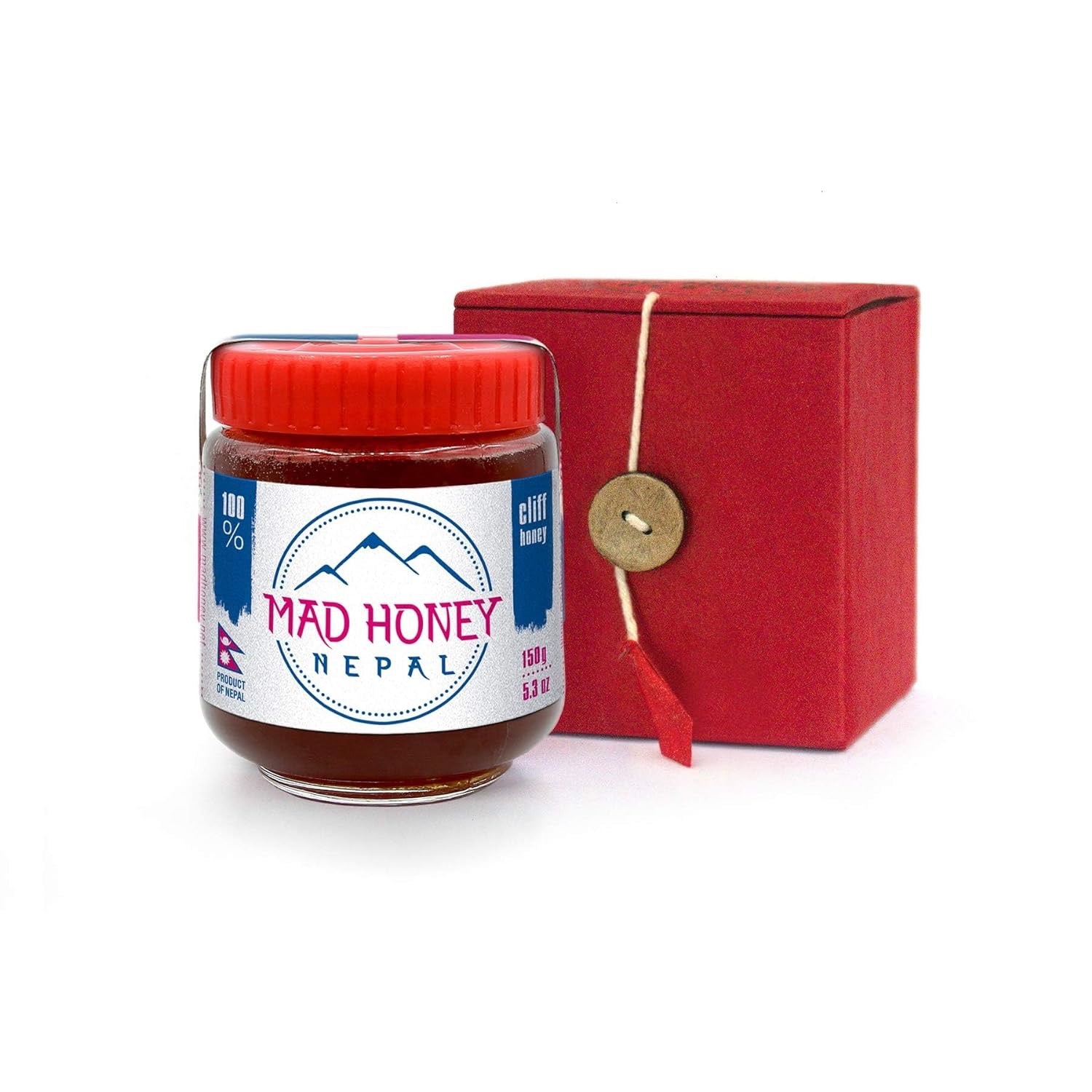 Jar with Red Cap filled with Mad Honey from Nepal along with Red Gift Box