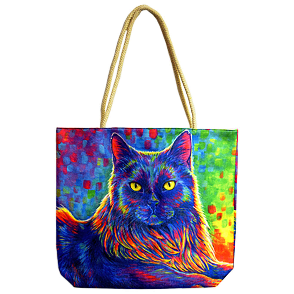 Psychedelic Rainbow Black Cat Jute Rope-Handled Tote Bag - 17"x15"