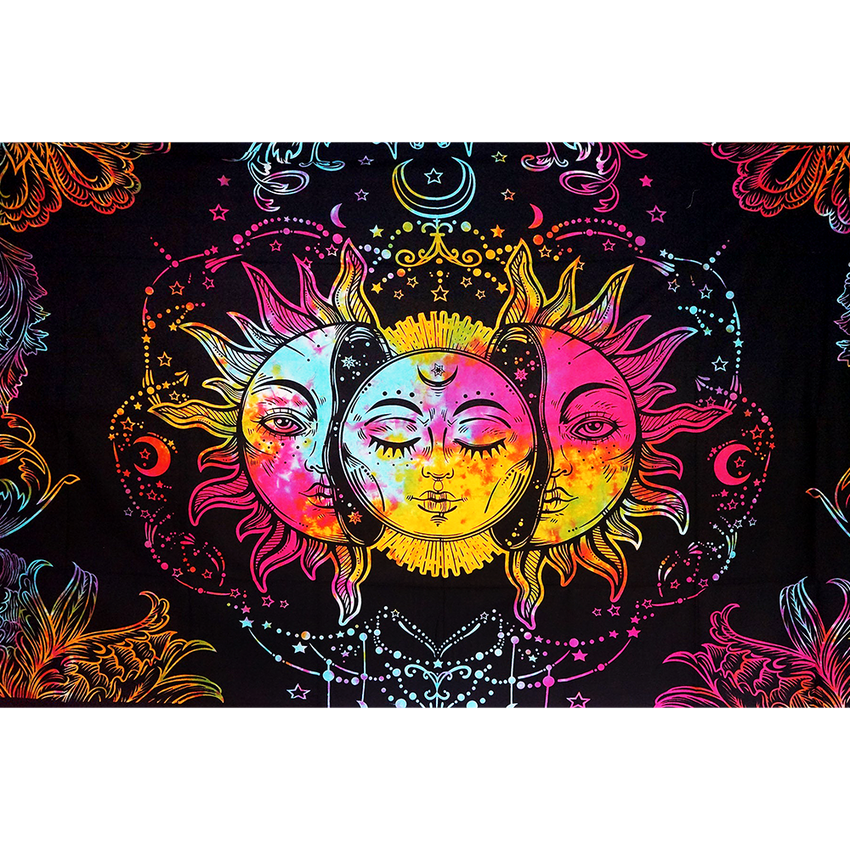 Trippy Sheetz Celestial Awakening Black Print on Tie Dye Cotton Tapestry | 85"x55"