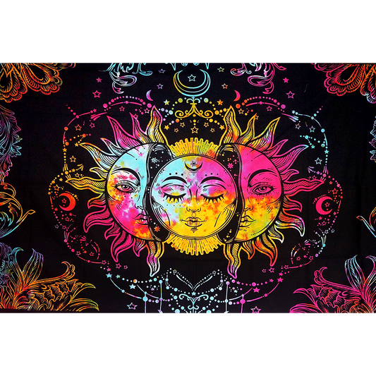 Trippy Sheetz Celestial Awakening Black Print on Tie Dye Cotton Tapestry | 85"x55"
